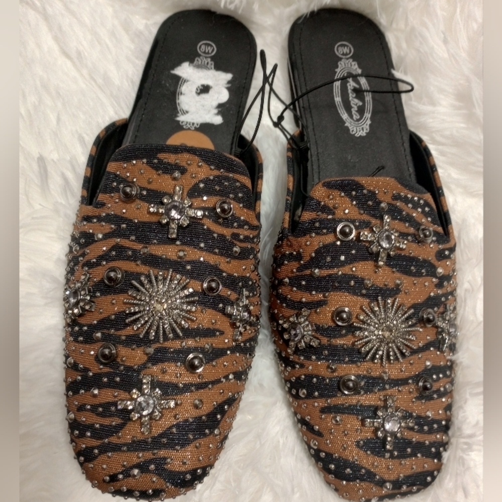 Embellished Rhinestone Slip-On Mules Black & Brown Animal Print Size 8
